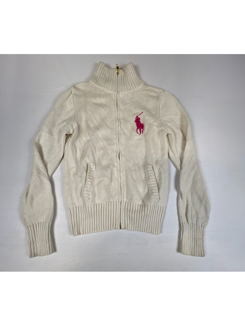 Polo Ralph Lauren Girls Zip Up Sweater Cream Cotton Pink Pony Logo Size M 8-10